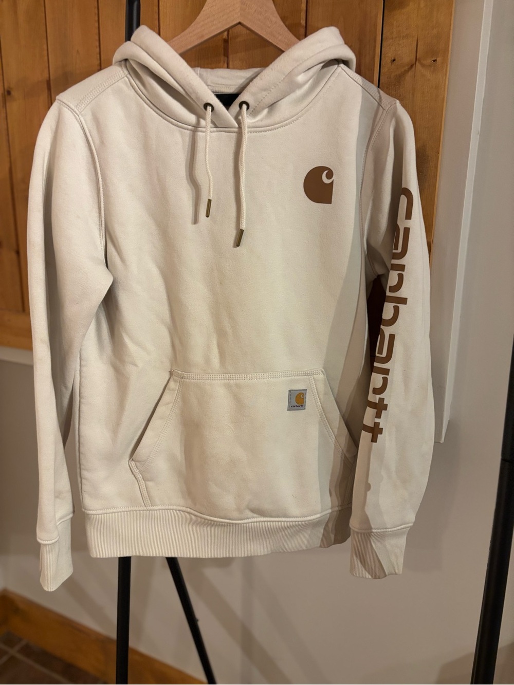 Carhartt Women’s Cream Hoodie with Brown Logo Sleeve
